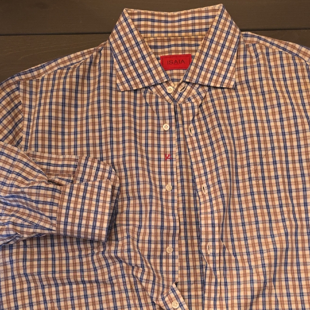 Isaia Men's Plaid Shirt in Blue and Tan